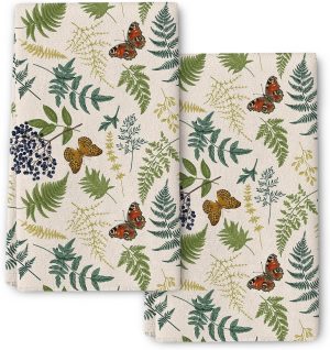 Pintukee Cute Botanic Butterfly Kitchen Towels Set of 2